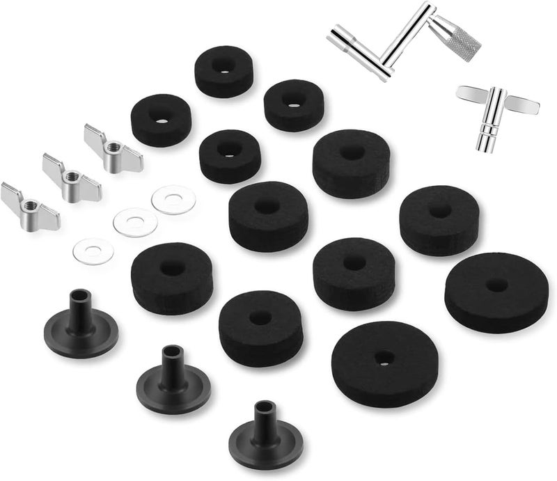 CashBeat 23 Pcs Cymbal Replacement Accessories Set, Includes Cymbal Felts, Hi-Hat Clutch Felt, Cymbal Sleeves with Base, Wing Nuts, Washers & Drum Key, Essential Hardware for Drum Kit Maintenance - Image 1
